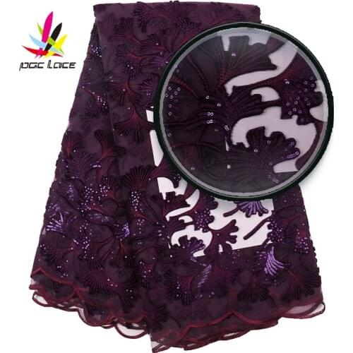 New Nigerian Lace Fabrics 5yard Net Lace Sequins Lace Fabric 2019 Sequins Wine Embroidered Lace Fabric for Haute Couture Dress