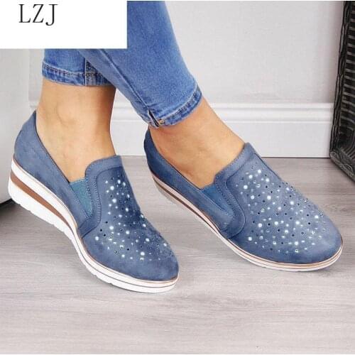 Summer Women Wedge Canvas Shoes 2019 New Casual Ladies Single Shoes Plus Size Breathable Rhinestone Slip-on Women Sandals Pumps