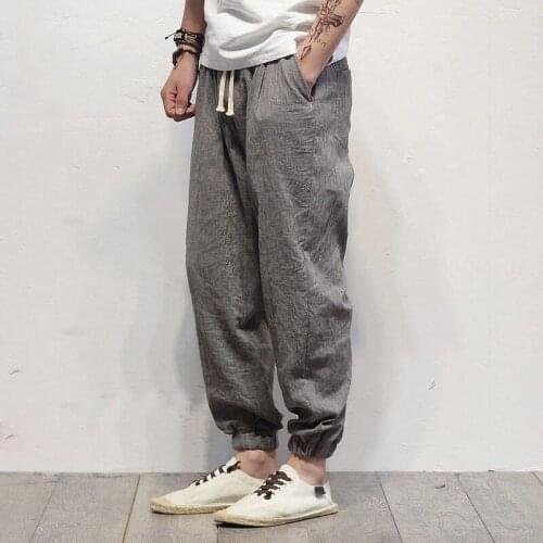 Joggers Men Pants Summer Lightweight Harem Pants Cotton Linen Ankle-Length Trousers Elastic Waist Loose Casual
