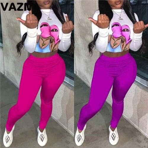 VAZN 2020 New Joker Plus Size Soft Young Sexy Turtleneck Full Sleeve Top High Waist Long Pants Skinny Women 2 Piece Set