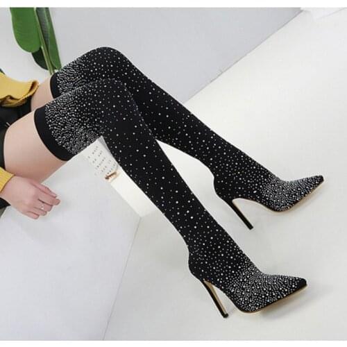 2021 New Womens Boots High Heeled Stretch Fabric Sexy Over The Knee High Booties Fashion Mature Womens Shoes Plus Size 43