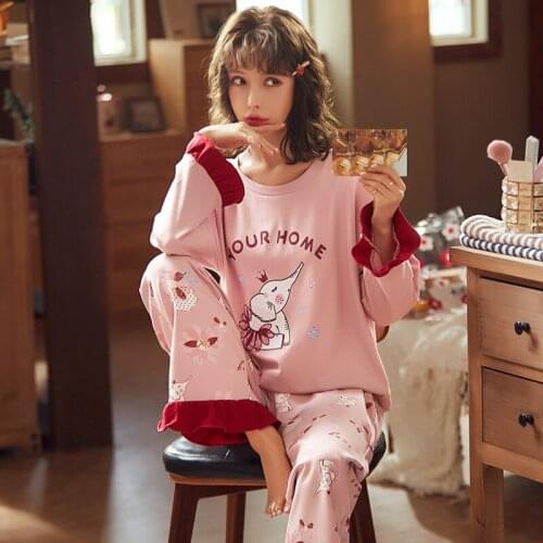 Spring And Autumn Cotton Women Lovely Cartoon Thin Long-sleeved Casual Household Pajamas Set