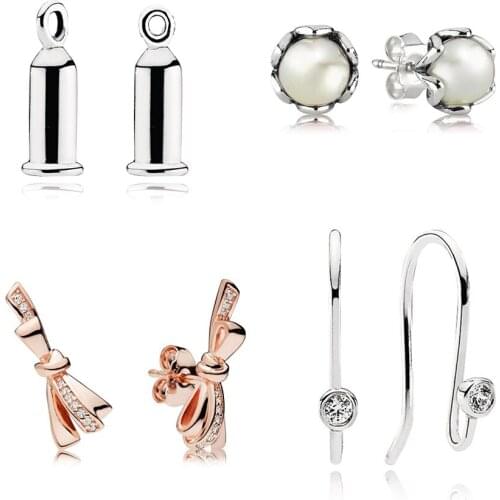 100% 925 Sterling Silver ROSE RILLIANT BOW EARRING BARREL Cultured Elegance Stud Earrings, White Pearl Charm Post Earrings