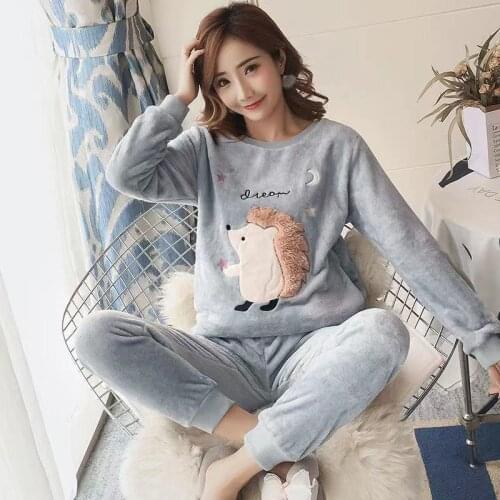 Warm Pajamas Women Winter Flannel Comfortable Pajama Sets For Female New Korean Style Lovely Cartoon 2 Piece Thick Tops+Pants