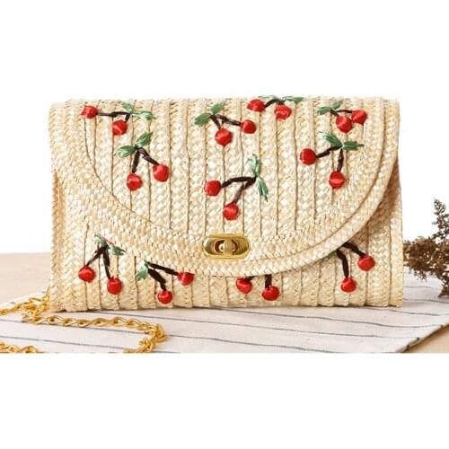 Vintage Women Summer Woven Bag Straw Bags Handmade Fashion Fruit Cherry Handbags Crossbody Bag Wallets Organizer Shoulder