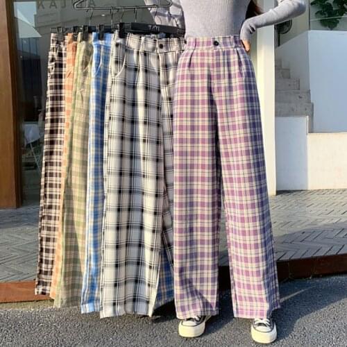 Vintage Pants Women Wide Leg Harajuku Plaid Casual Long Pant Korean Fashion Straight Trouser Streetwear Girl Pantalon Pour Femme