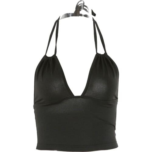 Women Sexy Backless Camisole Black Solid Color Halter Neck Sleeveless Crop Tops XS/ S/ M / L
