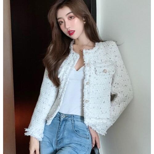 2020 New Autumn women Tweed Jacket high quality Small Fragrance Pearl single breasted Women Korean Short Elegant Coat