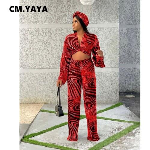 CM.YAYA Women Set Print Full Sleeve V-neck Crop Tops Wide Leg Pants Two 2 Piece Sets Active Tracksuit Casual Outfit Autumn 2021