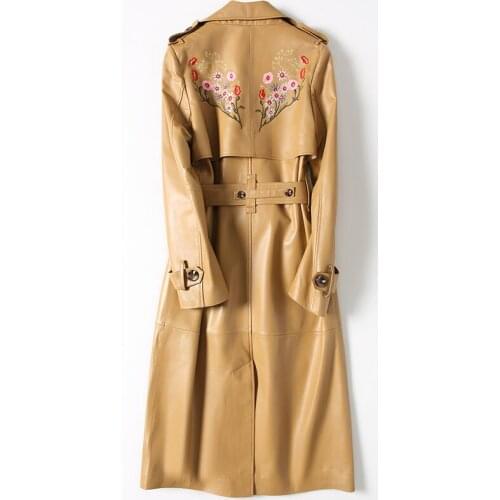 Real Sheepskin Coat Women Long Autumn Genuine Leather Jacket Embroidery Double Breasted Trench Female With Belt DLF5809