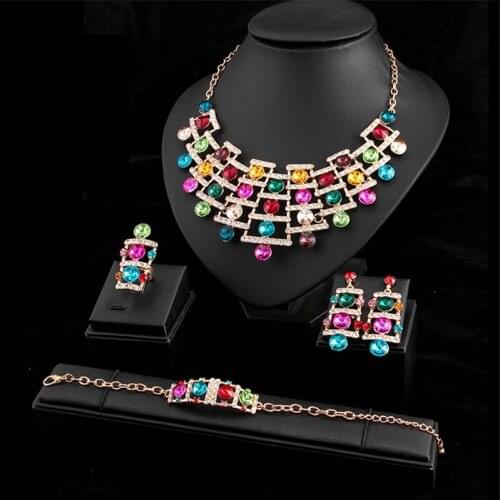 African Women Choker Statement Crystal Necklace Earrings Rings Bracelet Jewelry Set Indian Bridal Wedding Party Gift Collar Bib