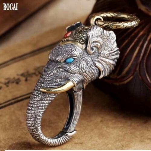 BOCAI NEW 1005 s925 pure silver keychain good luck elephant god inlaid turquoise/agate vintage motorcycle keychain