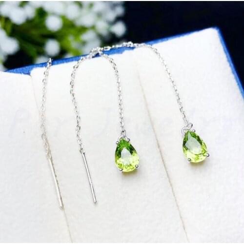 Natural real peridot long drop earring 0.7ct*2pcs gemstone Free shipping 925 sterling silver Fine jewelry B8110605