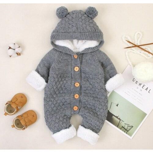 Baby Girl Winter Autumn Rompers Fashion Boy Girl Warm Hooded Soild Kintted Kids Clothes Long Sleeve Party High Quality Overalls