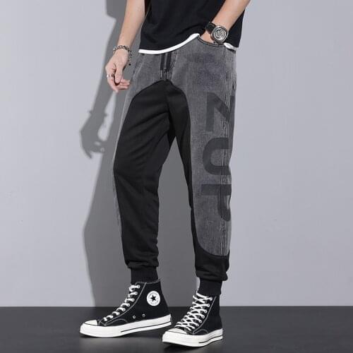 2021 New Chic Casual Drawstring Contrast Color Jeans Long Denim Pants With Letter Printing for Men