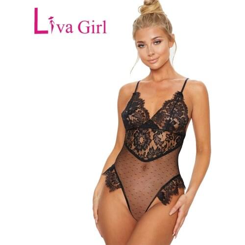 LIVA GIRL Woman Sexy Lace Mesh Teddy Bodysuit 2021 Black/Blue Summer Sleeveless Solid Jumpsuit Female Slim Hammock Rompers S-L