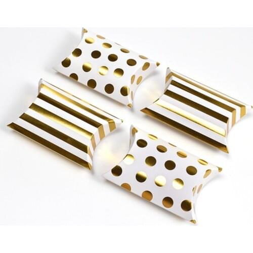 Golden dot & striped pillow boxes, wedding favor boxes, bridal shower favor boxes, Pillow Box gift packaging boxes 10pcs/lot