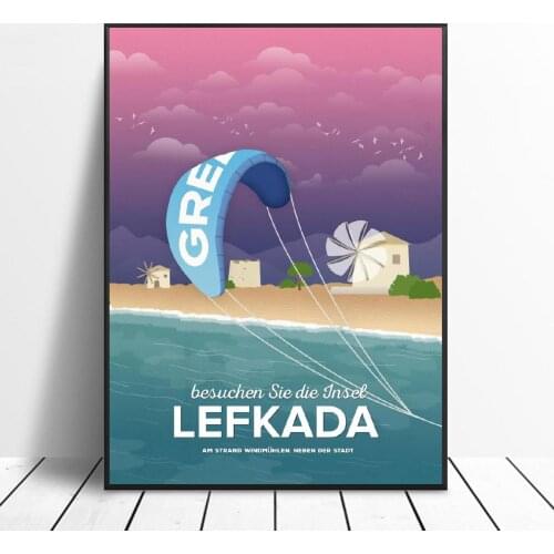 Lefkada Windmill Beach Canvas Travel Poster Prints Home Wall Art Decor Painting