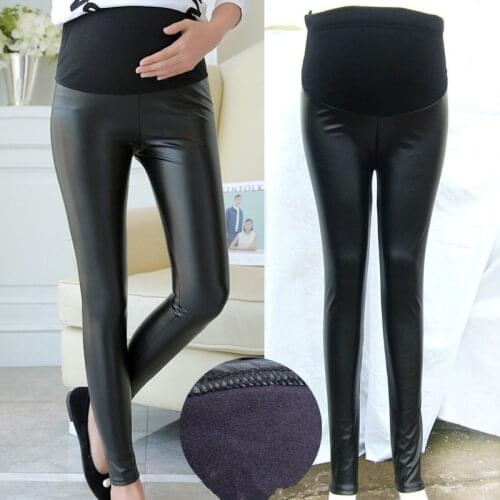 PU Leather Pregnant Womens Leggings Autumn Winter Warm Pants For Femme Enceint Plus Thin Velvet Adjustable High Waist