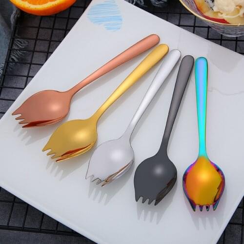 304 Stainless Steel Salad Spoon Fork One-piece Spoon and Fork Food Picks for Kids Gold Fork Rainbow Utensils Bento Accessories