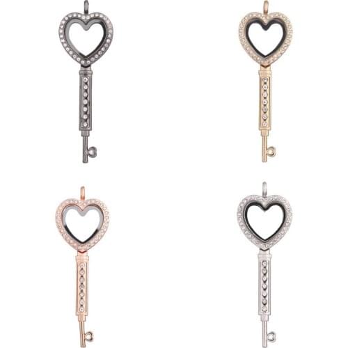 5pcs Alloy key heart Rhinestone Magnetic Glass Locket Living Memory Floating Charm pendant locket for necklace women Jewelry