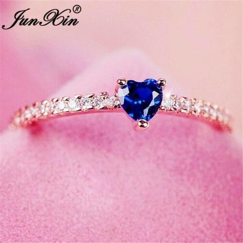 Cute Small Heart Rings For Women Blue Stone Thin Ring Wedding Bands White Gold Rose Gold Color Simple Stacking Engagement Rings
