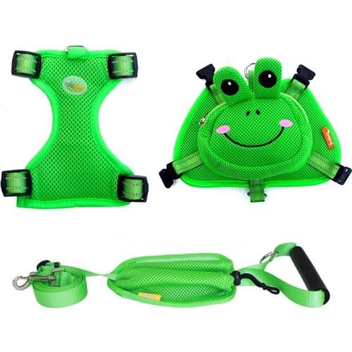 Cute cartoon frog yellow and green Pet backpack harness adjustable saddlebag with leash for dog walking training outside