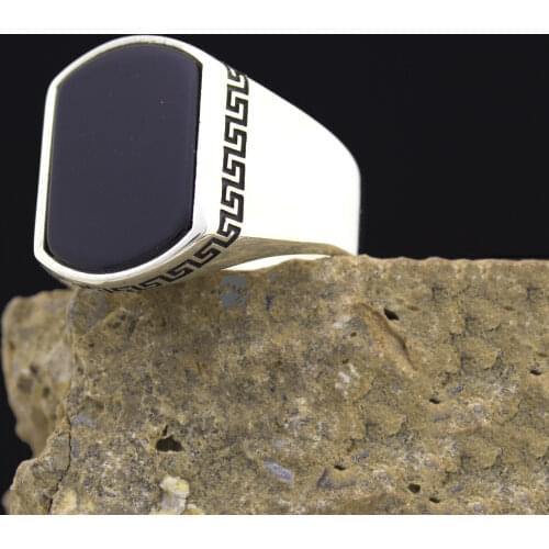 Solid 925 Sterling Silver Mens Ring with Black Onyx Stone