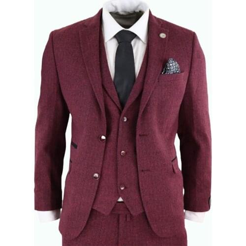 2021 Wine Red Herringbone Wedding Suits For Mens Groomsman 3 Pieces Set Tweed Wool Tuxedos Jacket+Vest+Pants Custom Made Blazer