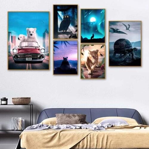 Canvas Wall Art With Bear, Car, Owl, Lion, Turtle, Wolf, Panda Painting, Nordic Posters And Prints, Wall Pictures, Nursery Decor