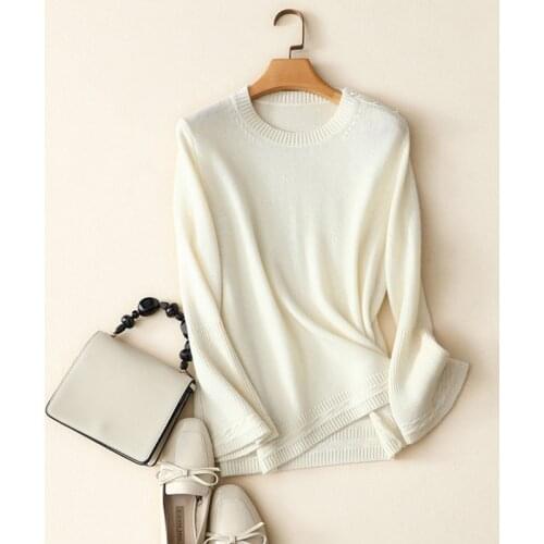 Autumn new style shoulder pearl decorate crew neck white pullovers knitted fashion casual soft cashmere merino wool sweaters