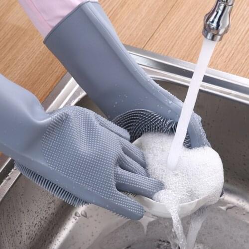 1 Pair Dish Washing Gloves Magic Silicone Dishes Cleaning Gloves With Cleaning Brush Kitchen Wash Housekeeping Scrubbing Gloves