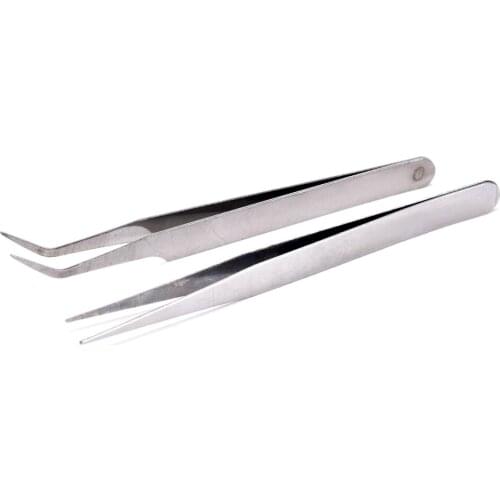 2Pcs Stainless Steel Tweezers(1Pcs Straight Head Tweezer + 1Pcs Elbow Head Tweezer)With Anti-skid Slot Nipper Forceps Nail Tools