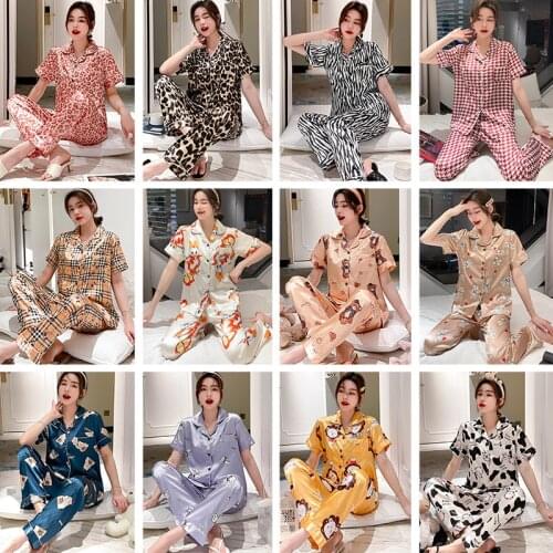 Short Sleeve Pajamas Autumn Ice Silk Long Sleeve Trousers Suit Printing Fashion Pyjamas Set