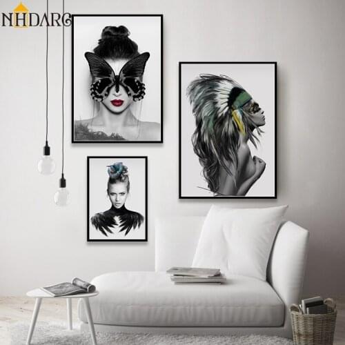 Vogue Butterfly Feathers Posters and Prints Indian Girl Print Painting Canvas Wall Art Pictures for Living Room Home Decoration