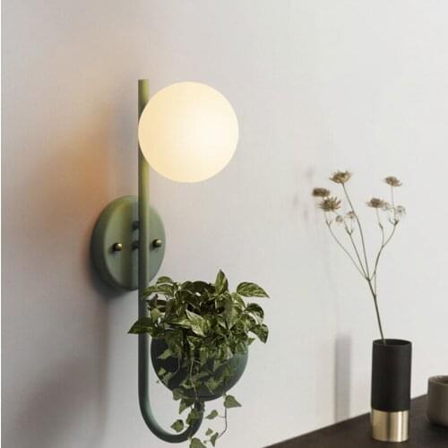 Simple Macaron Colors Green Blue Yellow PLated Iron Rack Wall Sconce with E27 LED Frosted Glass Ball Shade Plant Not included