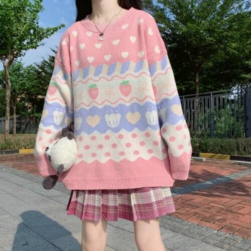 Japanese Kawaii Knitting Sweater Women Cute Strawberry Printing Long Sleeve Pullover Jumpers Knitting Pink Sweater Women Winter