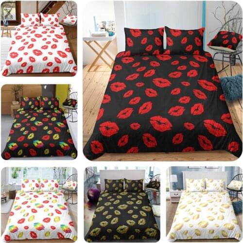 Comfortable bedding set black red lip print duvet cover with pillowcase AU/US size Bedclothes King/Queen/Double/Single