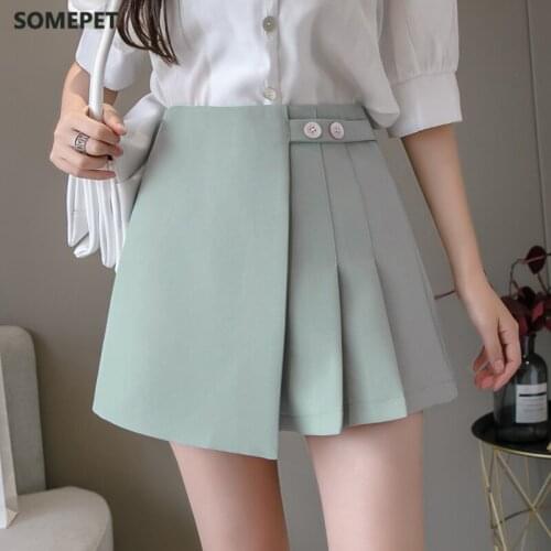2021 Spring Summer Green Shorts Female Pleated Short Skirt Women Irregular Slit Wide Leg Shorts Ladies Casual Short Trousers
