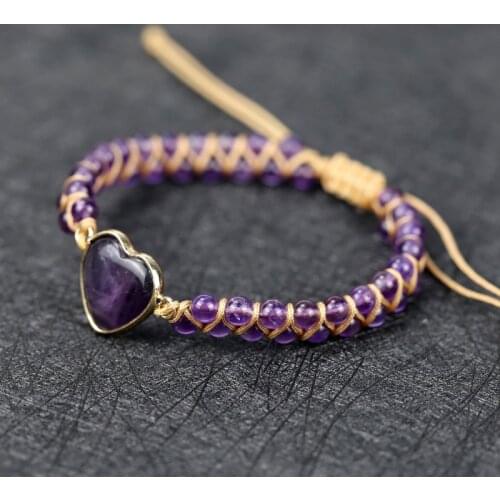 High quality Amethyst Stone heart shape charm String Braided Yoga natural stone Handmade Beads Bracelet & Bangle Lovers Jewelry