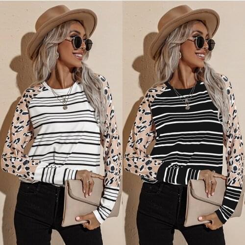2021 New Women Tshirt Autumn Striped Stitching Leopard Print Street Style T Shirt O-neck Loose Casual Womens Long Sleeved Tops