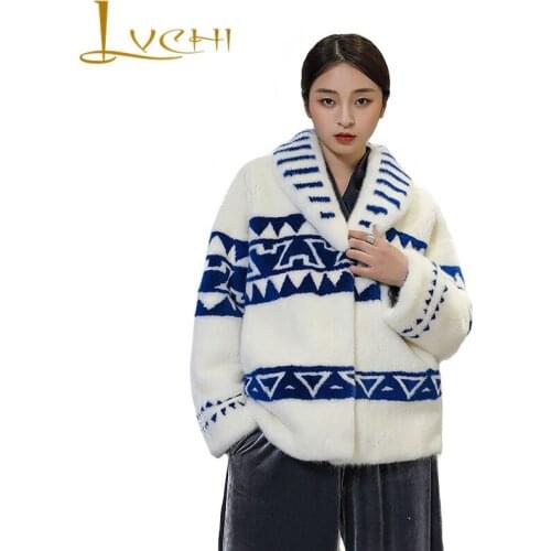 LVCHI Winter 2019 3D Print Mink Fur Coats Womens Turn-Down Collar Long Sleeve Patchwork Long Loss Full Pelt Causal Mink Coats