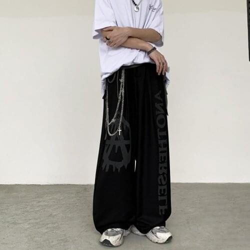 QWEEK Gothic Dark Academia Style Wide Leg Pants Mall Goth Streetwear Grunge Graffiti Oversize Chain Straight Trousers for Female