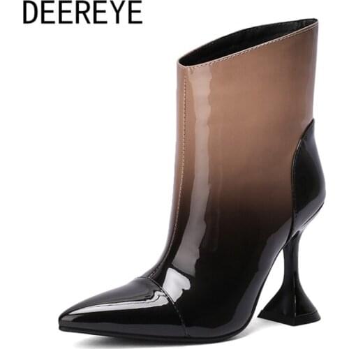 Women Sexy 10cm Glass High Heel Mix-Color Ankle BootIes Patent Leather Slip On Lady Short Plush Pointed Toe Dress Party Shoes