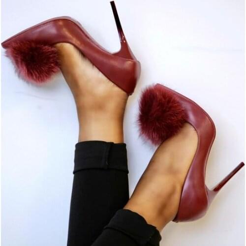 Carpaton High Quality Wine Red Leather Woman Shoes Sexy Pointed Toe Thin Heels Pumps Beautiful Hairball Stiletto Heels