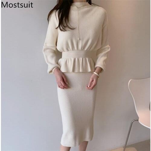 Knitted Two Piece Skirt Set Women 2021 Spring Autumn Long Sleeve Sweater + High Waist Pencil Skirt Korean Elegant Ladies Outfits