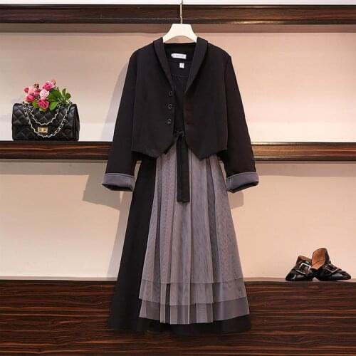 Women Autumn Winter Dress Two-pieces Suits Female Casual Long Sleeve Blazer+Vest Midi Dress Set Plus Size Outfits Suits