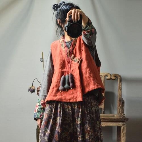 Women Loose Retro Linen Patchwork Padded Vests Top Waistcoat Outerwear Ladies Vintage Flax Vest Female 2020 Autumn Winter Vests