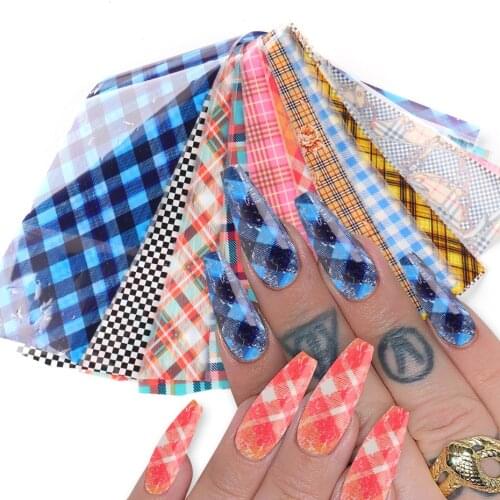 10pcs Lattice Flower Luxury Design Nail Foil Sticker Set Plaid Sweater Patterns Adhesive Transfer Decal Tips For Manicure LYGZ21