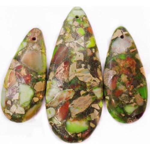 3Pcs/set 50x20x7mm/35x16x7mm Green And Brown Sea Sediment Jasper & Pyrite Teardrop Pendant Bead DIY Jewelry Accessories S936